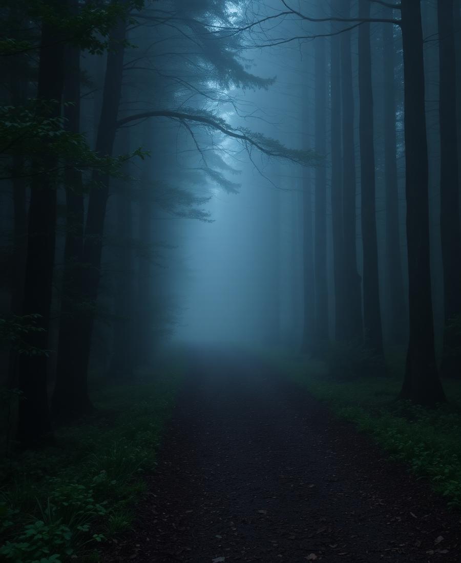 Foggy forest path at dawn.