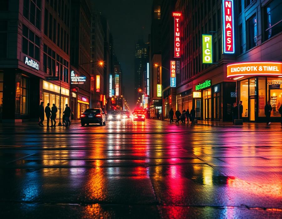 Rain-slick city street with reflected neon.