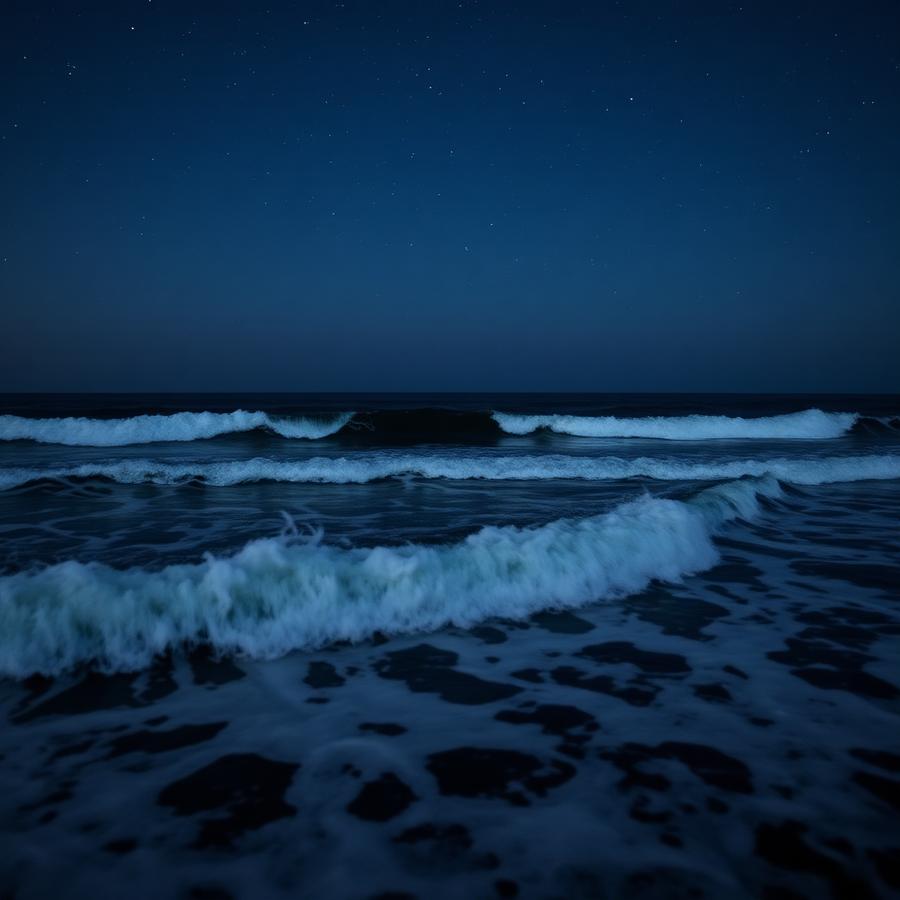 Ocean waves under a starry night sky.