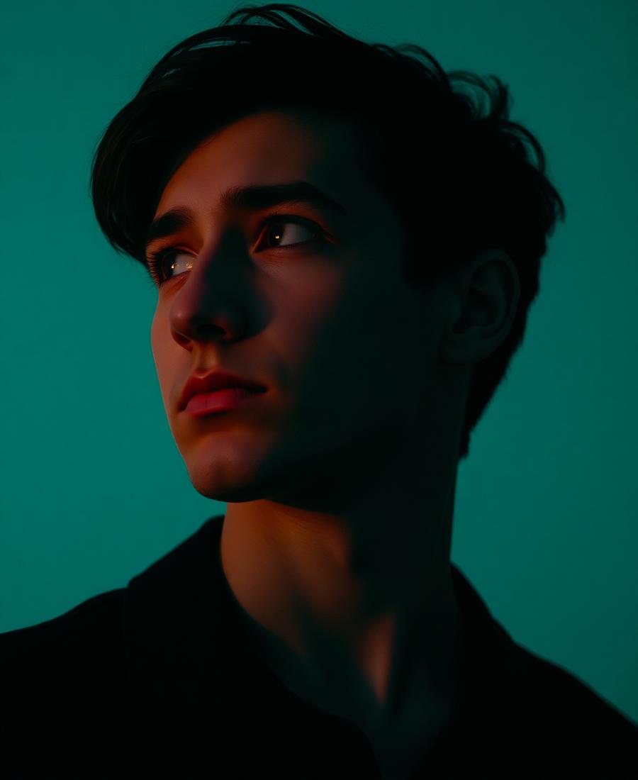 Portrait of Aleksi, looking off-camera under soft teal light.